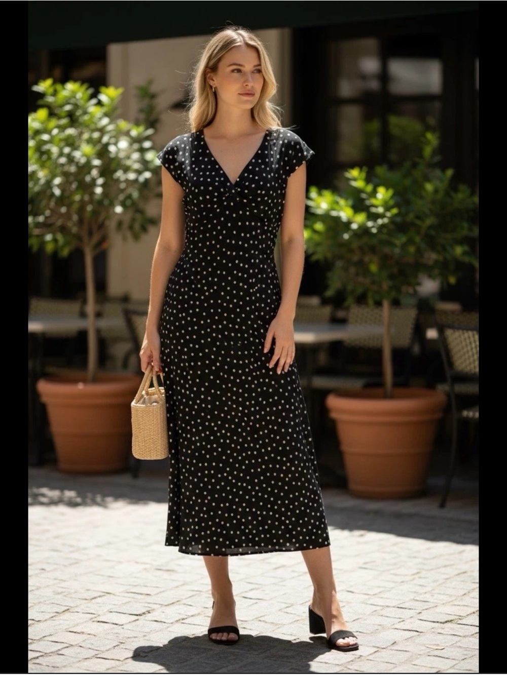 Jones Wear Black Midi Dress with White Polka Dots